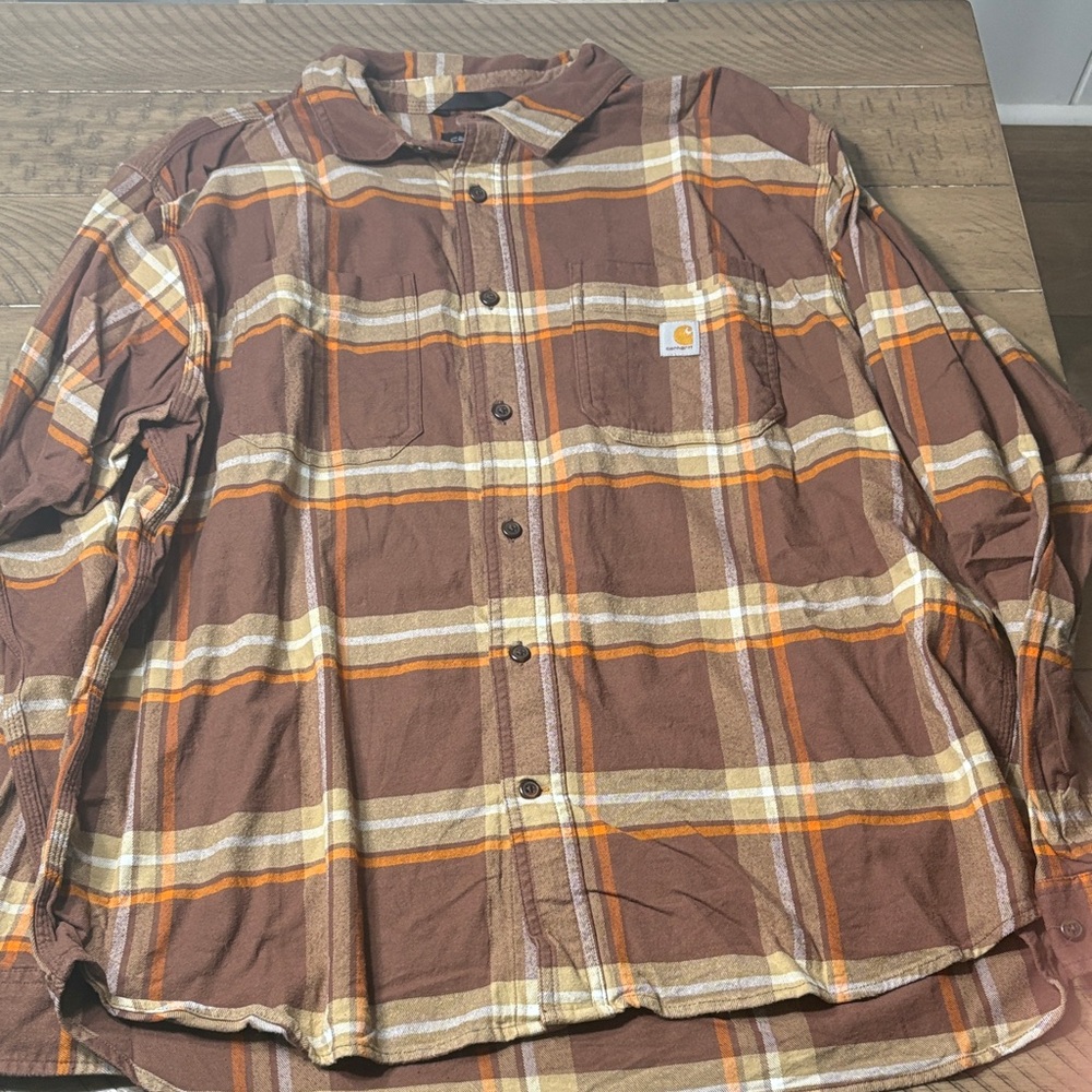 Carhartt Men's Brown and Orange Plaid Shirt